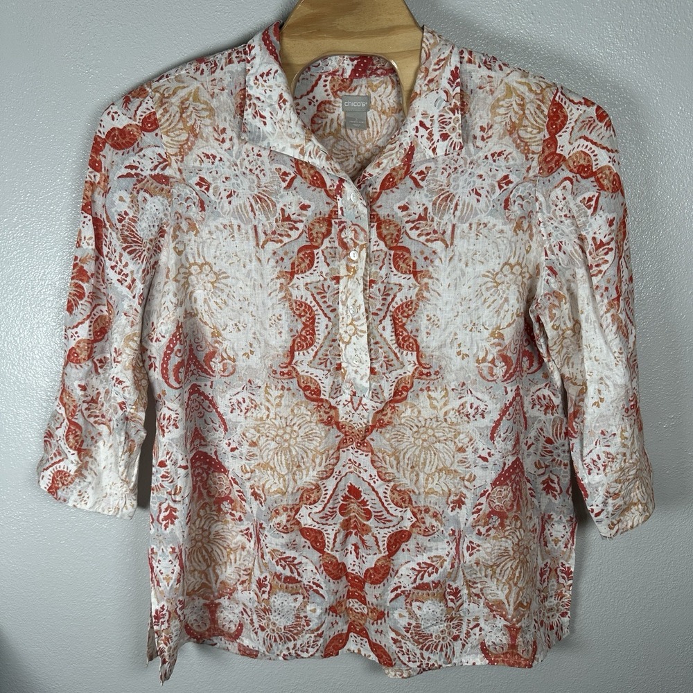 Chicos 100% Linen Popover Tunic Blouse Womens 3/16/18/XL‎ Peach Coral 3/4 Sleeve